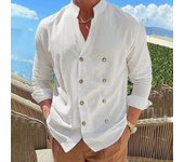 Camisa cruzada de talla grande para hombre americano, camisa de cuello alto para el hogar, chaqueta tipo cárdigan de manga larga de algodón y lino S blanco