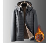 Abrigo acolchado de vellón para papá, abrigo de algodón grueso con tiras de costillas para hombres de mediana edad y ancianos, sombrero extraíble, chaqueta acolchada para abuelo M gris