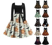 Vestido de manga larga vintage con estampado de Halloween y moda informal para mujer XL beige