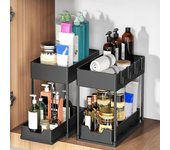 Estante organizador debajo del fregadero para almacenamiento de baño, resistente, resistente a la corrosión, fácil de instalar, estante organizador de gabinete de 2 niveles negro