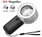 Lupa de 30 aumentos con luz LED ultravioleta, gafas ópticas profesionales de doble capa, lupa de mano, lupa de joyería para personas mayores plata