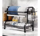 Escurridor de platos de 2 niveles, compacto, para cocina, juego de escurridor de platos grande a prueba de óxido con soporte para utensilios