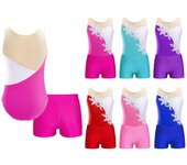 Trajes de patinaje y danza gimnástica sin mangas para niñas, leotardo de retazos adornado con lentejuelas brillantes y diamantes de imitación con pantalones cortos rosa brillante