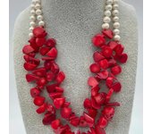 Collar de 2 hebras de 19'' y 11 m con flores de coral rojo y perlas blancas NUEVO