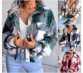 Chaqueta corta con cuello de franela a cuadros para mujer, chaqueta de manga larga con farol, otoño e invierno L negro