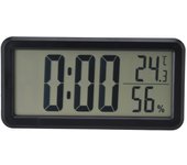 Reloj despertador digital portátil negro con pantalla LCD para montar en la pared, con temperatura y humedad.