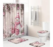 4 Uds. Bufanda rosa de Navidad cortina de ducha de muñeco de nieve cortina de ducha impermeable con 12 ganchos alfombra de inodoro tapete en forma de U tapa de inodoro 4Pcs
