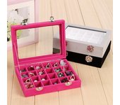 Vitrina de 24 rejillas, joyero con tapa de cristal, organizador, contenedor de almacenamiento negro