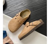 Moda Mujer Zapatillas De Gamuza Cuñas Tacón Corcho Mules Plataforma Zueco Suela Antideslizante Hebilla Zapatos Para El Hogar Al Aire Libre 35 camello