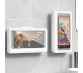 Soporte de teléfono impermeable para baño, soporte de pared para teléfono, caja de soporte, soporte de teléfono con pantalla táctil autoadhesivo, sellado para ducha blanco