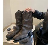 Botas vaqueras estilo retro con remaches y decoración para mujer, botas vaqueras de piel sintética con tacón bajo para otoño, botas puntiagudas sin cordones para mujer 35 marrón oscuro