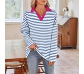 Sudadera de manga larga a rayas con cuello tipo polo, informal, holgada, para otoño e invierno para mujer S blanco