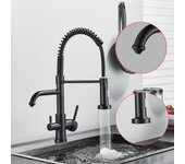 Purificador de filtro de agua 3 en 1, grifo para fregadero de cocina, rociador desplegable, grifo con 2 asas negro