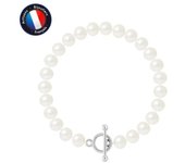 PERLINEA - Bracelet - Véritable Perle de Culture d'Eau Douce Semi-Ronde 7-8 mm Blanc Naturel - Fermoir Baton - Bijoux Femme