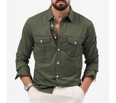 Camisa de hombre europea y americana Top informal de manga larga con doble bolsillo S verde claro