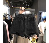 Shorts vaqueros negros de cintura alta con rotos y borlas para mujer de verano L blanco