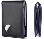 Billetera de cuero genuino para hombre con soporte para Airtag y clip antirrobo para billetes de dólar negro