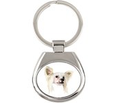 Chinese Crested Dog, Puff - geometric keychain with a photo and the inscription Art-Dog blanco