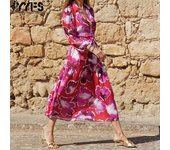 YYFS Vestidos casuales de cintura media con cuello tipo polo y manga larga con estampado de flores para primavera y otoño para mujer S rojo rosa
