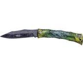 Nueva Navaja JKR625, Navaja sin bloqueo con Hoja de 8 cm de Acero Inox Pavonada, Mango Decorado ABS de 9,5 cm, Largo total de la navaja de 17,5 cm.