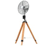 Ventilador de trípode de madera con 4 aspas de 16 pulgadas y un diámetro total de 40 centímetros. Mando a distancia y temporizador. Diseño elegante.