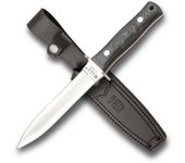Cuchillo de monte enterizo Joker "Lince" CM43, hoja de 15 cm MOVA, mango de Micarta Canvas, con funda de cuero, herramienta de pesca, caza, camping y senderismo
