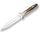 Cuchillo de monte enterizo Joker "Lince" CC43, hoja MOVA de 15 cm, mango de asta de ciervo, funda de cuero marrón, herramienta de pesca, caza, camping y senderismo
