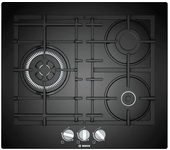 Placa de gas - Bosch PNC6B6B90, 3 quemadores, Gas natural, 60 cm, Cristal templado, Quemador Wok, Negro