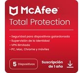 Antivirus - McAfee® Total Protection, Seguridad en Internet para 5 dispositivos (Windows®/Mac®/Android/iOS), Suscripción 1 año, Código de descarga