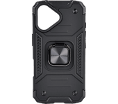 Funda móvil - ISY ISC 6106, Compatible con iPhone 16, Resistente a Golpes, Soporte Plegable Integrado, Negro