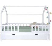 MueMue Cama casita con barandilla + cajón almacenaje madera blanco 90x190cm