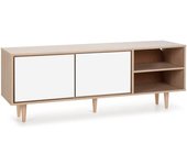 HOMN Mueble tv 2 puertas y 2 huecos color roble/blanco, 140 x 40 x 53 cm