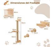 Costway Estantería de Pared para Gatos con Árbol de 3 Niveles Hamaca Poste y Alfombras Rascadores Natural