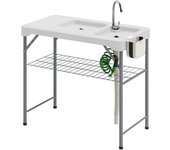 Outsunny Mesa Plegable para Camping con 2 Fregaderos Manguera de Drenaje Estación de Limpieza y Grifo Blanco