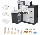 Homcom Cocina de Juguete para Niños de Madera con 14 Accesorios, Horno, Fregadero, Nevera y Microondas, Edad 3+ Años, 86x64x84.5cm, Plata y Marrón