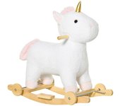 Homcom Caballito Balancín Infantil en Forma de Unicornio para Niños +3 Años Balancín de Felpa con Ruedas y Sonidos 63x38x63 cm Blanco   Aosom España