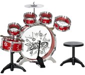 AIYAPLAY Batería para Niños de +3 Años con Tambores Bombo Platillo Pedal y Baquetas Diseño con Tema de Estrellas 65x22x57 cm Rojo