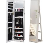Homcom Espejo Joyero de Pie Armario de Joyería con 6 Luces LED y Cerradura Organizador con Estantes Ranuras Anillos 38x38x157 cm Blanco   Aosom España
