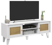 Homcom Mueble de TV para Salón Moderno Mesa para Televisores hasta 55" con Puertas de Ratán Estante Ajustable 120x35x46 cm Blanco   Aosom España