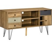 Homcom Mueble TV hasta 50 pulgadas con 4 compartimentos, 4 cajones, 2 pasacables y 1 armario patas horquillas de metal negro