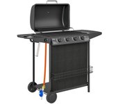 Outsunny Barbacoa de Gas con 4 Quemadores Quemador Lateral Tapa con Termómetro Parrilla y Mesa Lateral Ruedas 121x54x97 cm Negro