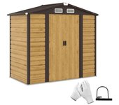 Outsunny Cobertizo Metálico para Jardín 213x120x166/194 cm con Base Refuerzo Puertas Correderas y Ventilaciones Roble