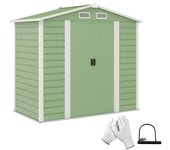 Outsunny Cobertizo Metálico para Jardín 213x120x166/194 cm con Base Refuerzo Puertas Correderas y Ventilaciones Verde Claro