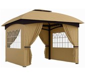 Outsunny Cenador Exterior 3,4x3,4 m con Protección UV Ventanas de Estilo Iglesia Cortinas y Techo Ventilado para Jardín Beige   Aosom España