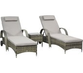 Outsunny Conjunto de 2 tumbonas de gran confort: colchoneta, reposacabezas, inclinación ajustable multiposiciones, apoyabrazos, ruedas + mesa baja