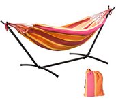 Outsunny Hamaca con Soporte 310x117cm para Camping con Altura Ajustable y Bolsa de Transporte Carga 120 kg Rayas Naranja y Rojo