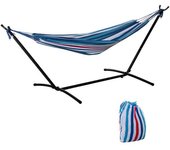 Outsunny Hamaca con Soporte 310x117cm para Camping con Altura Ajustable y Bolsa de Transporte Carga 120 kg Rayas Azul y Blanco