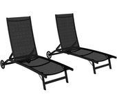 Outsunny Lote de 2 tumbonas de aluminio y textileno con ruedas, respaldo reclinable carga máx. 150 kg Negro   Aosom España