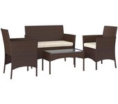 Outsunny Conjunto de Muebles de Jardín de Ratán Sintético con Sofá Sillones y Mesa de Centro con Vidrio Templado y Cojines Marrón