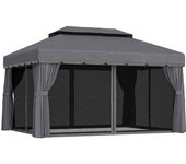 Outsunny Cenador para Jardín 4x3 m Pérgola de Jardín Gazebo con Doble Techo Paredes Laterales Anti-UV y Mosquiteras Gris